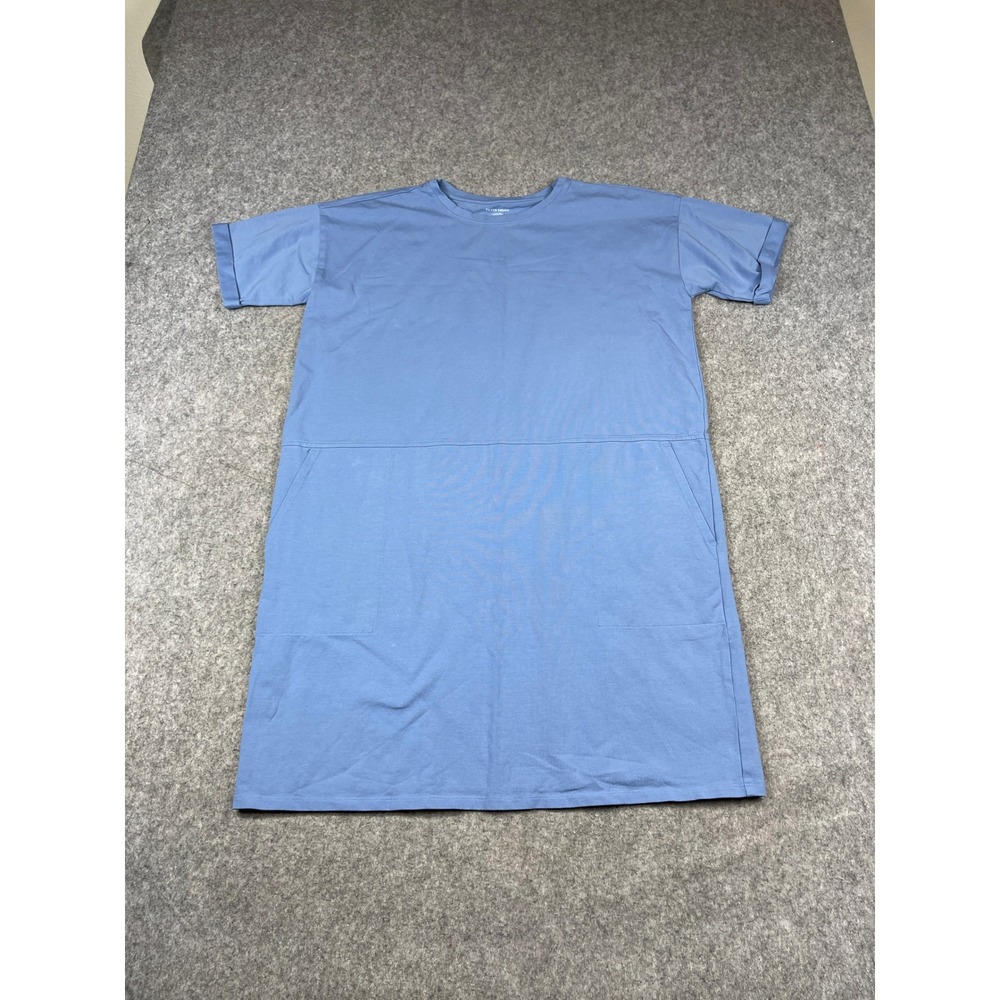 Eileen Fisher Blue Organic Cotton Short Sleeve T-Shirt Dress with Pockets Med